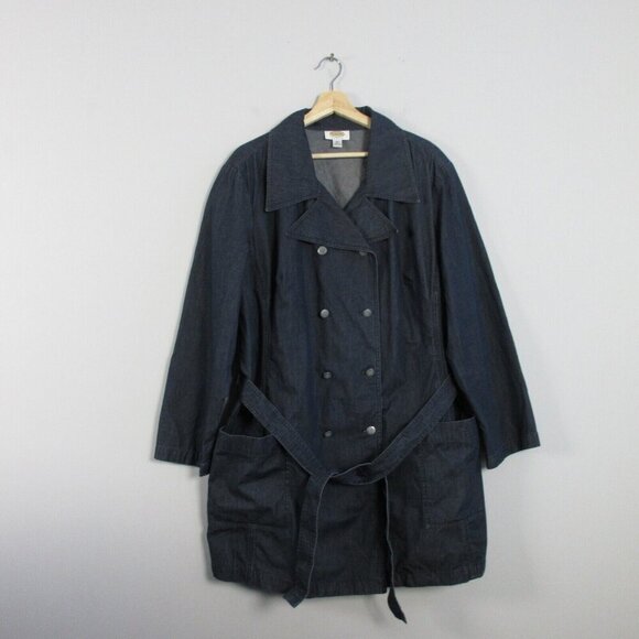Talbots Denim Trench Coat Women 18 Blue Double Breasted Cotton Chambray y2k 668 - Picture 1 of 9